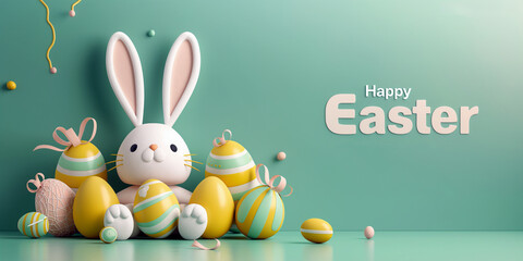 Happy Easter creative banner with cute 3D bunny and painted Easter eggs on pastel green backdrop.