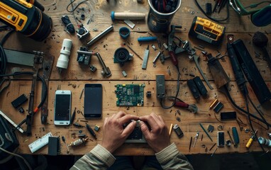 A man is working on a broken cell phone on a cluttered table. The table is filled with various tools and electronic components, including a keyboard, a cell phone, and a camera.