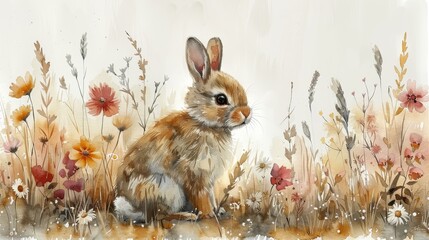 Children's nursery watercolor illustration in pastel tones with a bunny and flowers for Easter Spring