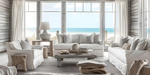 Whitewashed coastal product showcase with driftwood accents, nautical rope, and panoramic ocean views