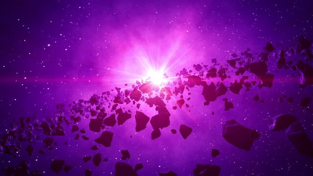 Asteroids cluster in the rays of purple star. 3d animation. 4k.