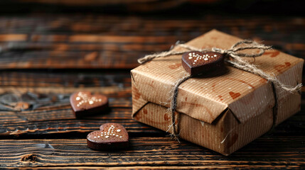 Handcrafted gift box with heart-shaped chocolates on rustic wooden background.