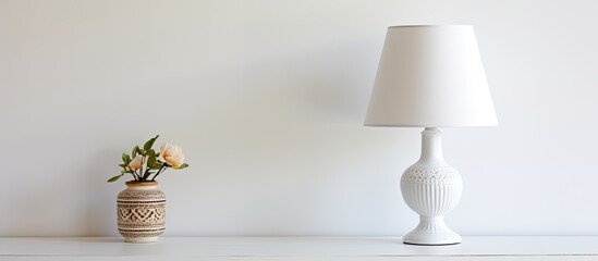 White lamp and a decorative vase are placed on a simple white table in a minimalist setting