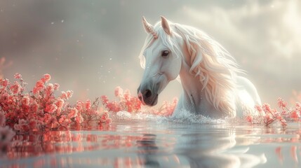 Obraz na płótnie Canvas White horse in flower wreath with a watercolor unicorn illustration