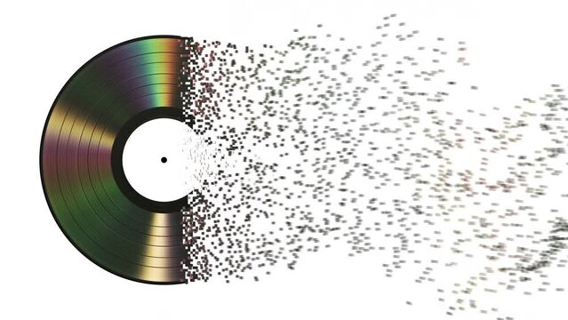 Iridescent vinyl disk crumbles into pixels. 3d animation. 4k.