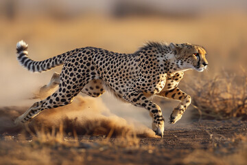 A cheetah is running through the desert, kicking up dust as it goes