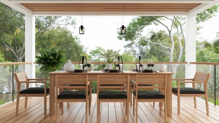 Fototapeta premium wooden dining furniture country contemporary house beautiful interior design outdoor balcony home design concept