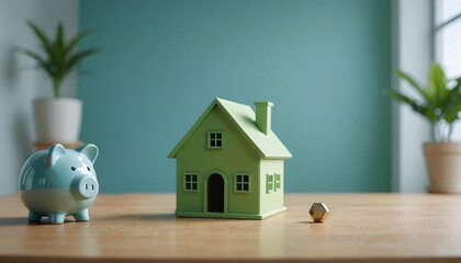 Modèle miniature de maison avec tirelire, crédit immobilier et épargne logement - IA générative - obrazy, fototapety, plakaty