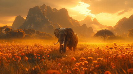 Elephant Standing in Field of Flowers - obrazy, fototapety, plakaty