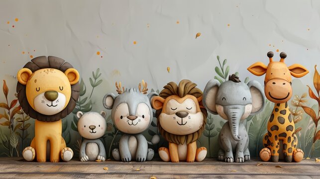 Elephant, lion, giraffe, tiger, zebra, and monkey Safari Animals Baby Watercolor Illustration.