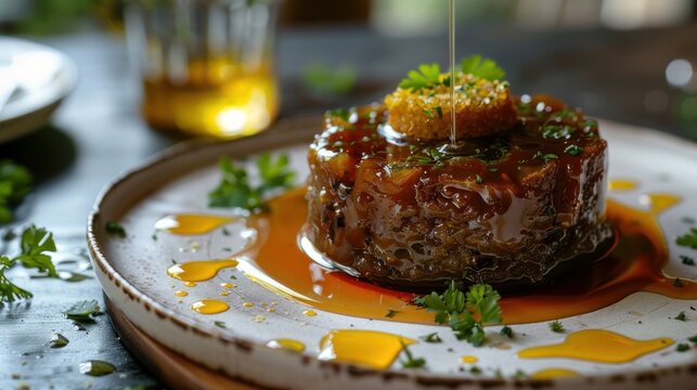 There is homemade jelly meat with mustard on the table, along with holodets.
