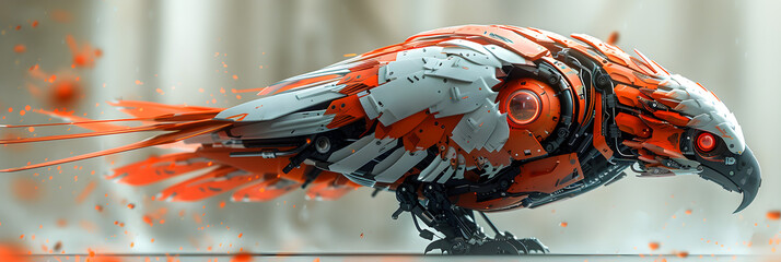 Majestic Mechanical Eagle A Futuristic Robotic,
A bird with a metal body and a large eye that says'bird ' - obrazy, fototapety, plakaty