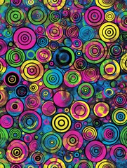 Fototapeta premium Abstract painting featuring numerous circles in various sizes and colors against a vibrant blue backdrop