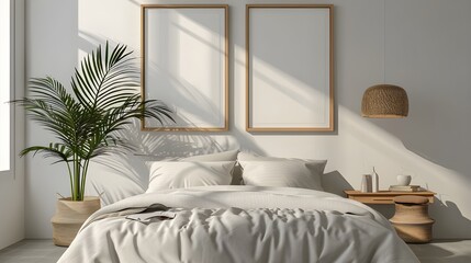 Fototapeta na wymiar Poster mockup with two vertical frames on empty white wall in bedroom interior with bed, green plaid and plants. 3D rendering ai generated 
