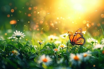Monarch Butterfly on Daisy in Sunlit Meadow - 768225573