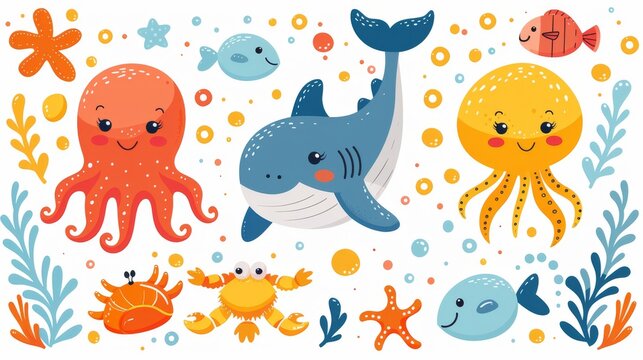 This seamless pattern features cute cartoon sea fish. It also has a vintage surf background with shark, octopus, crab, and surfing images.