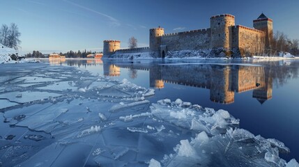 The historic Olavinlinna fortress is located on a frozen Saimaa Lake in Savonlinna, Finland during