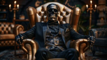 Working to death for money concept. Stylish greedy skull skeleton dressed in official business suit in golden rich chair. Advertising business company or brands.
