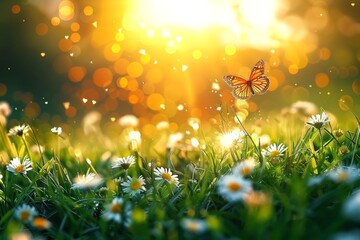 Vibrant Butterfly on Wildflowers in Sunlit Meadow - 768225730