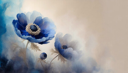 Tapeta w niebieskie kwiaty, granatowy wzór kwiatowy, puste miejsce na tekst, kartka na życzenia - obrazy, fototapety, plakaty