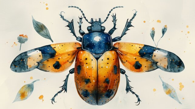 Illustration of watercolor beetles in cartoon form.