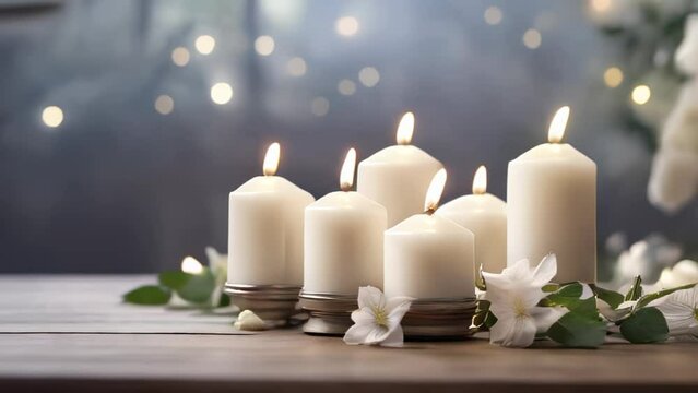 Background with white candles and flowers