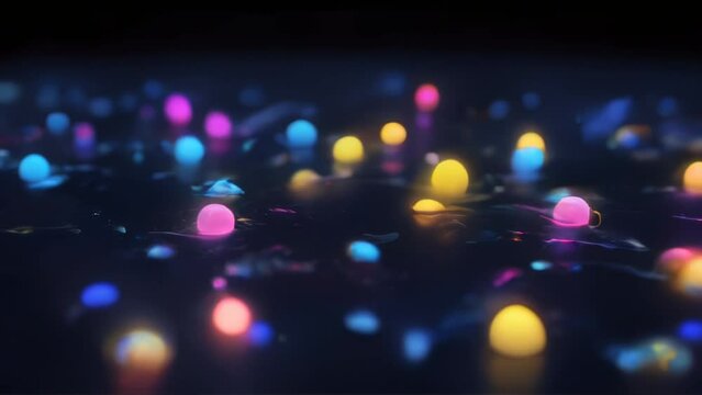 Glowing spheres float in the dark liquid
