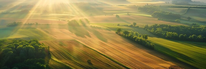 Bird's eye view of agricultural cultivated seeded fields, farmland in the rays of the rising sun, banner - obrazy, fototapety, plakaty