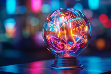 Glowing light bulb with different colors splashed on a blurred bright multi-colored background, progress and innovation and idea concept