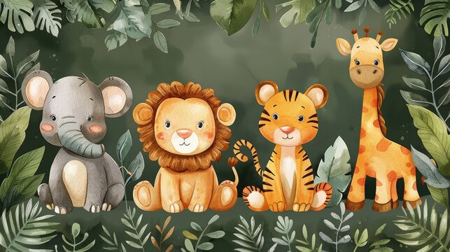 Illustration of safari animals with a baby elephant, lion, tiger, zebra, rhinoceros, and giraffe in watercolor.