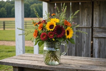 Fall flowers in a rustic mason jar vase on a farm stand