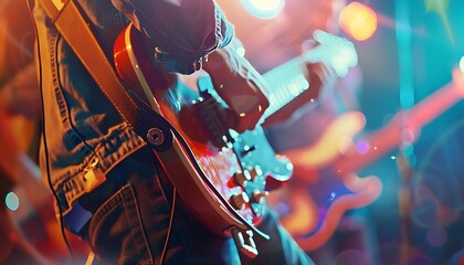 Rock guitarist playing live on stage with colorful lights in the background - obrazy, fototapety, plakaty