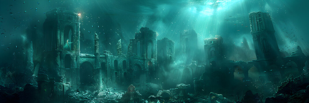 Majestic Underwater City with Glowing Mermaid Am,
A Lost City Of Atlantis Revealed Under The Background Image