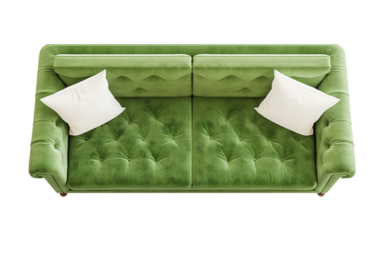 A green couch with white cushions, top view, isolated on a transparent background, Generative AI