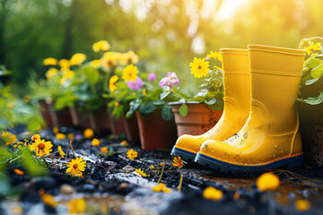 Gardening Concept with Yellow Boots and Flower Pots