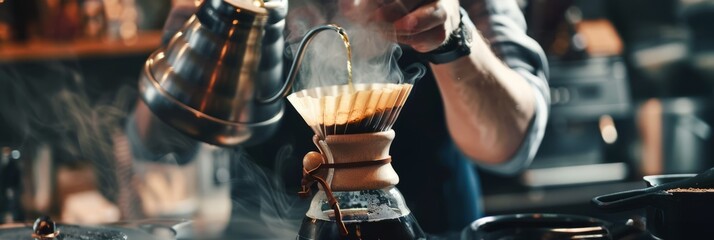 Barista brews drip brewing in a pour-over, close-up of a pour-over with hot water and filter paper, filtered coffee or pour over coffee, banner - obrazy, fototapety, plakaty