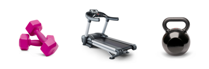 Title: gym weights and training fitness equipment, athletic active workout body building, bumbbells, treadmill and boxing gloves, punch bag set icons isolated on transparent png cutout background