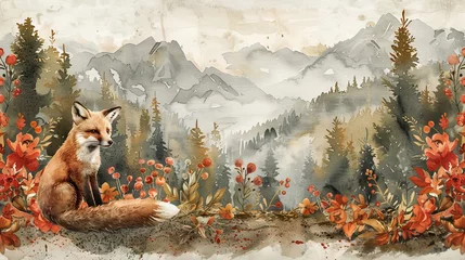 Fototapete Boho-Tiere Isolated watercolor forest animals in a woodland setting.