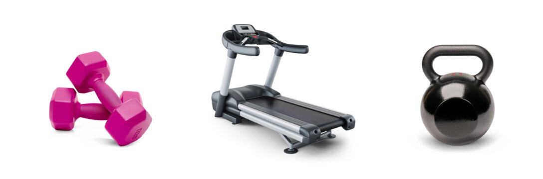 Title: gym weights and training fitness equipment, athletic active workout body building, bumbbells, treadmill and boxing gloves, punch bag set icons isolated on transparent png cutout background