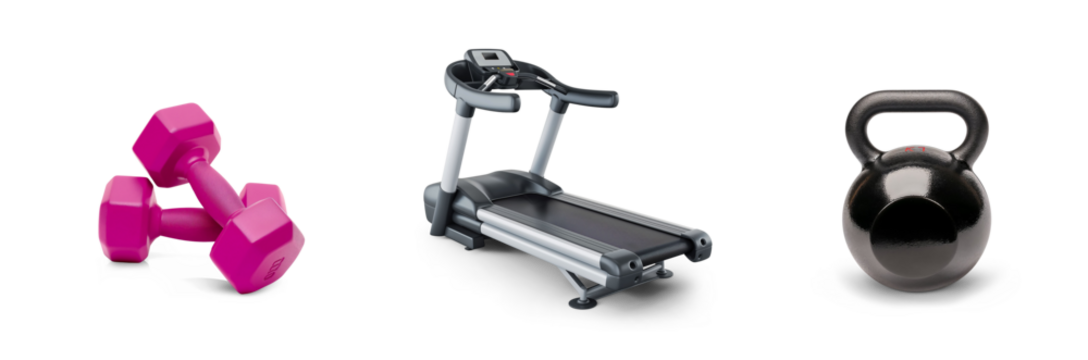 Title: gym weights and training fitness equipment, athletic active workout body building, bumbbells, treadmill and boxing gloves, punch bag set icons isolated on transparent png cutout background