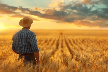 Back view of farmer on golden wheat field