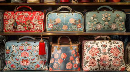 Assortment of colorful floral patterned handbags on a shelf, fashion accessory concept.