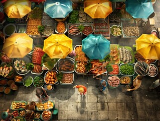 A market scene with a man in a red shirt standing in front of a blue umbrella. The market is filled with various food items and people are shopping. Scene is lively and bustling