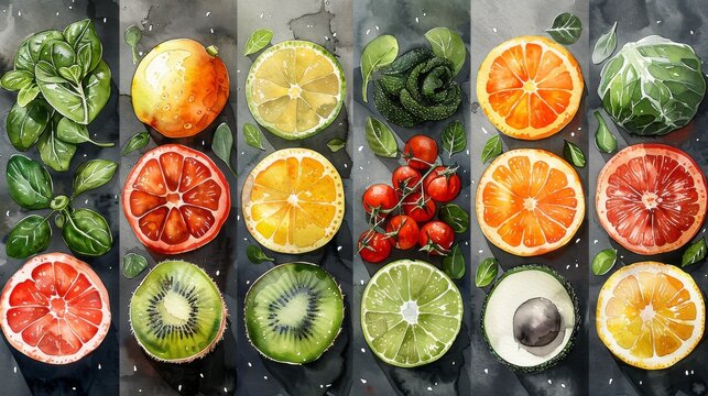 Naklejki Modern illustration of watercolor vegetables and fruits. Template for your design.