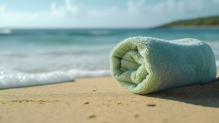 Close up of a light green rolled Towel on Beach Sand. Vacation Background with Copy Space - obrazy, fototapety, plakaty