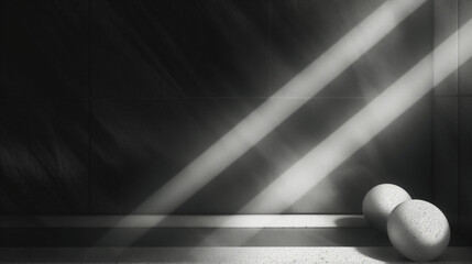 A black and white photo of two balls sitting on a table with a dark background - Powered by Adobe