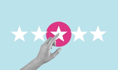 Contemporary collage of hand hold five-star icon rating