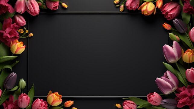 Blank picture frame with beautiful flowers decoration background.