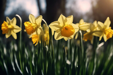 Obraz premium Daffodils blooming. Closeup of daffodil flowers blooming at sunset. Selective focus. AI generated