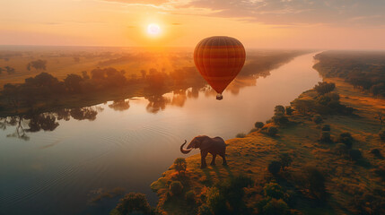 Hot Air Balloon Floating Over Water